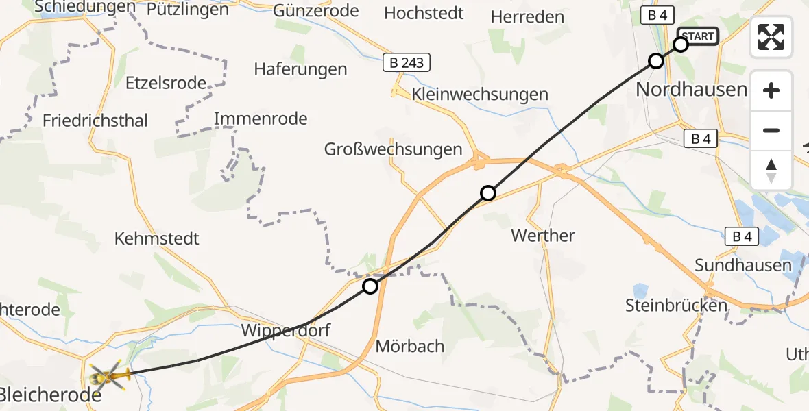 Flugroute Rettungshubschrauber Südharz Hospital Nordhausen - Bleicherode, 08 September 2026, 07:00