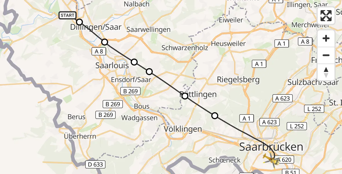 Flugroute Rettungshubschrauber Rehlingen-Siersburg - Saarbrücken, 08 September 2026, 07:07