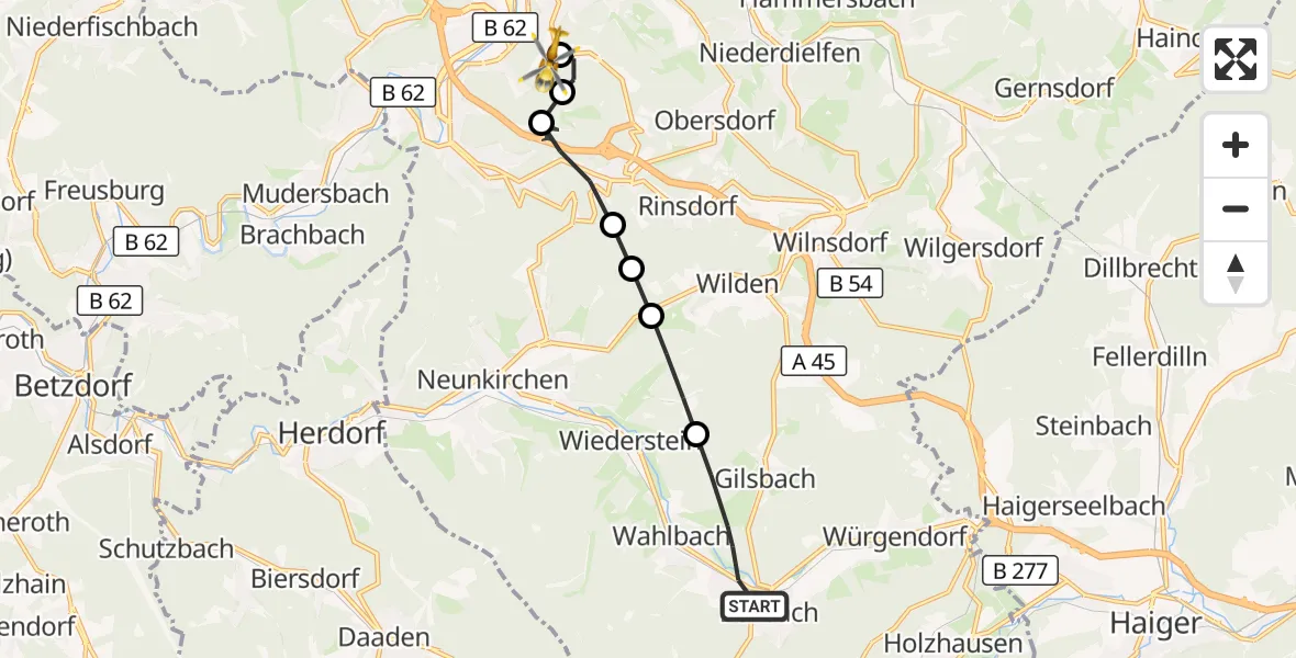 Flugroute Rettungshubschrauber Burbach - Evangelisches Jung-Stilling Hospital, 08 September 2026, 07:14