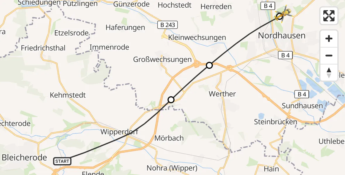 Flugroute Rettungshubschrauber Bleicherode - Südharz Hospital Nordhausen, 08 September 2026, 07:23
