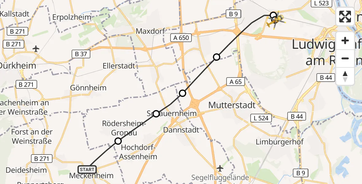 Flugroute Rettungshubschrauber Meckenheim - Ludwigshafen Accident Hospital, 08 September 2026, 07:43