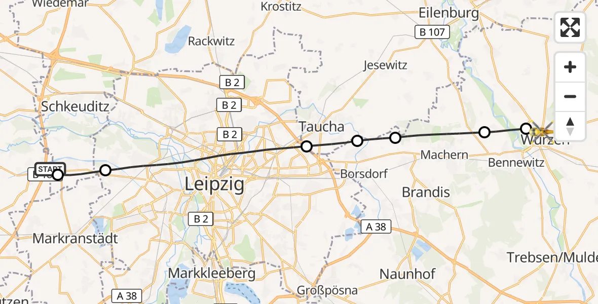 Flugroute Rettungshubschrauber ADAC Air Rescue Station Leipzig/Schkeuditz-Dölzig Hubschrauberlandeplatz (Christoph 61) - Wurzen, 08 September 2026, 07:47