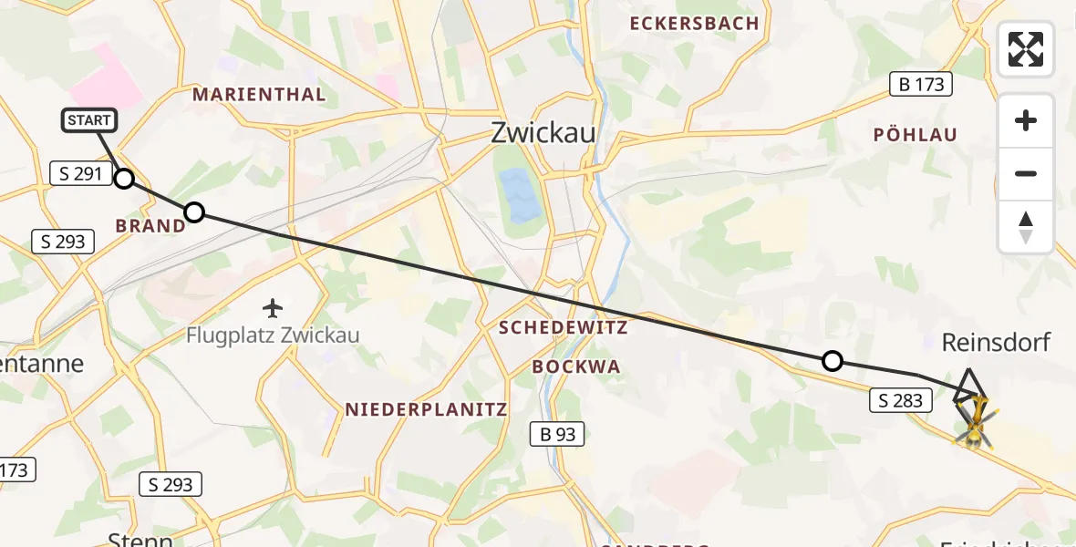 Flugroute Rettungshubschrauber ADAC Air Rescue Station Zwickau Hubschrauberlandeplatz - Reinsdorf, 08 September 2026, 07:48