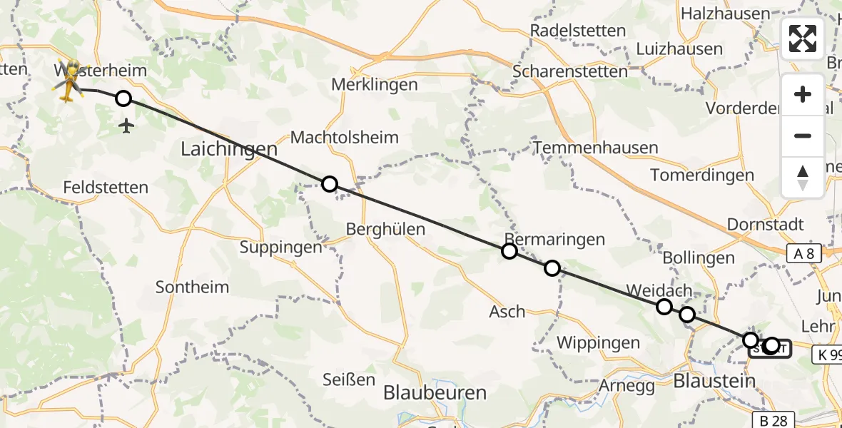 Flugroute Rettungshubschrauber Ulm Military Hospital Emergency - Westerheim, 08 September 2026, 08:40