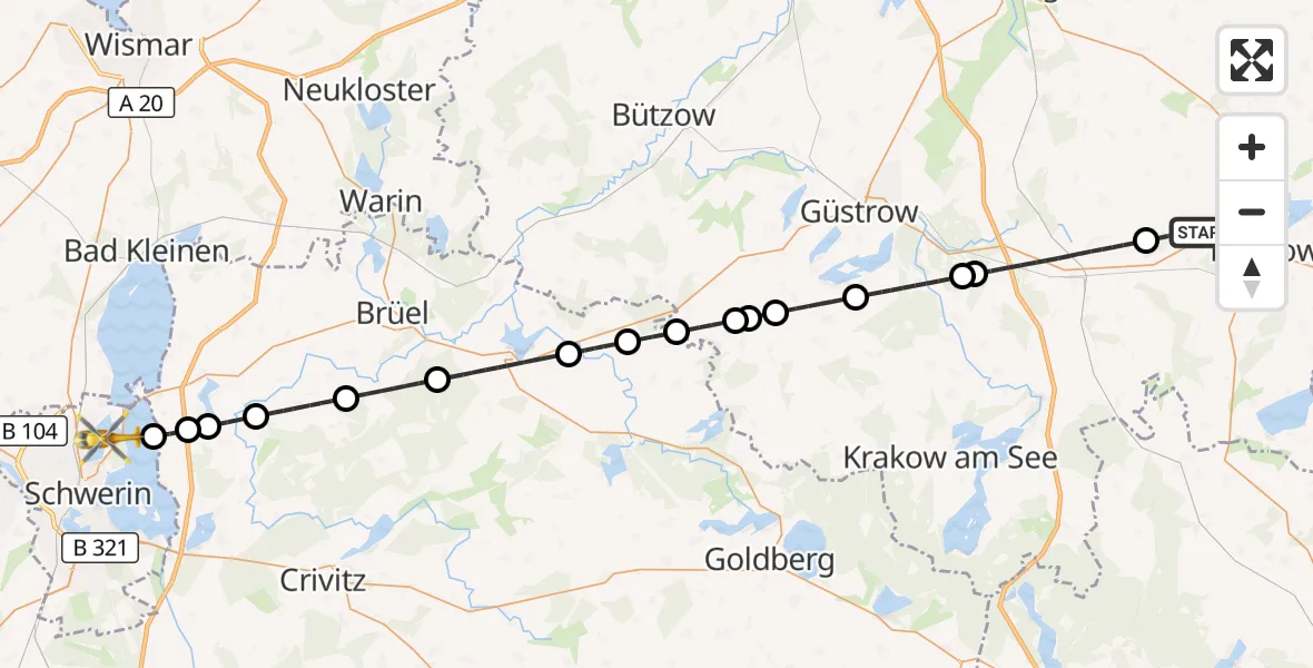 Flugroute Rettungshubschrauber Groß Roge - Schwerin, 08 September 2026, 08:51