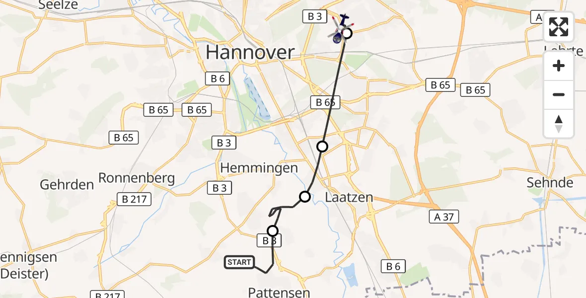 Flugroute Polizeihubschrauber Pattensen - Hannover Luftrettung Hubschrauberlandeplatz (Christoph 4), 08 September 2026, 08:57