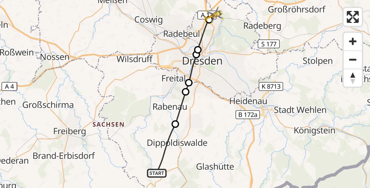 Flugroute Rettungshubschrauber Dippoldiswalde - Dresden Bundespolizei Hubschrauberlandeplatz, 08 September 2026, 09:02