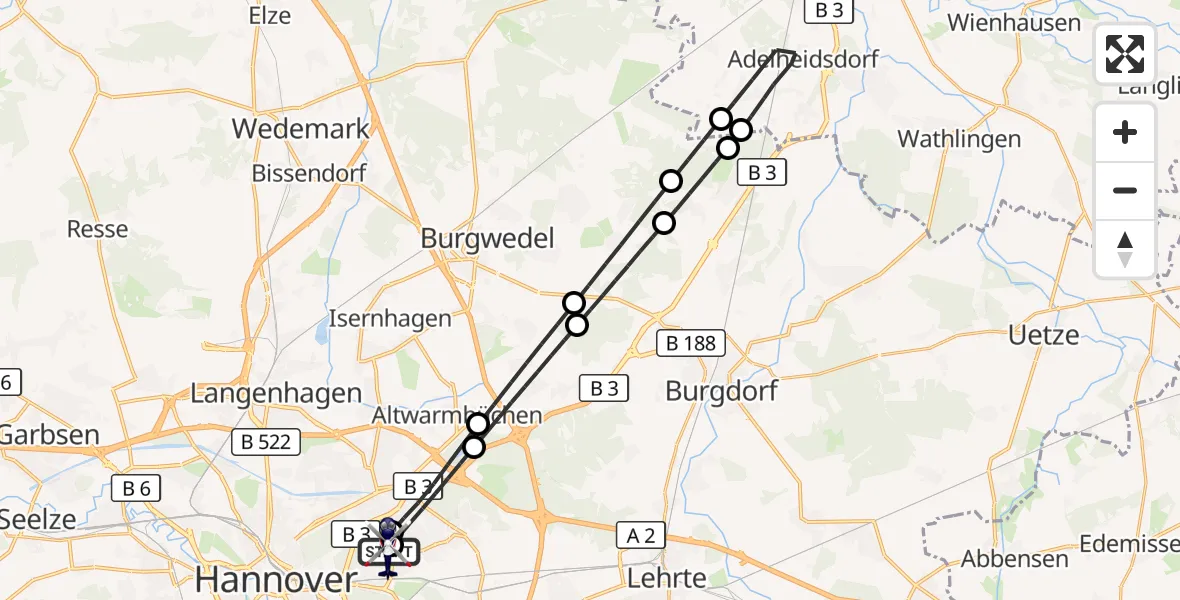 Flugroute Polizeihubschrauber Hannover Luftrettung Hubschrauberlandeplatz (Christoph 4) - Hannover Luftrettung Hubschrauberlandeplatz (Christoph 4), 08 September 2026, 09:14