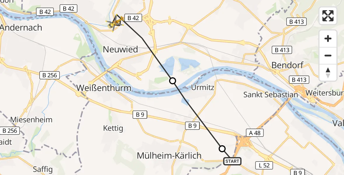 Flugroute Rettungshubschrauber Koblenz - Neuwied, 08 September 2026, 09:17