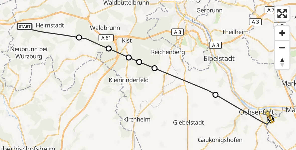 Flugroute Rettungshubschrauber Helmstadt - Ochsenfurt Hospital, 08 September 2026, 09:19
