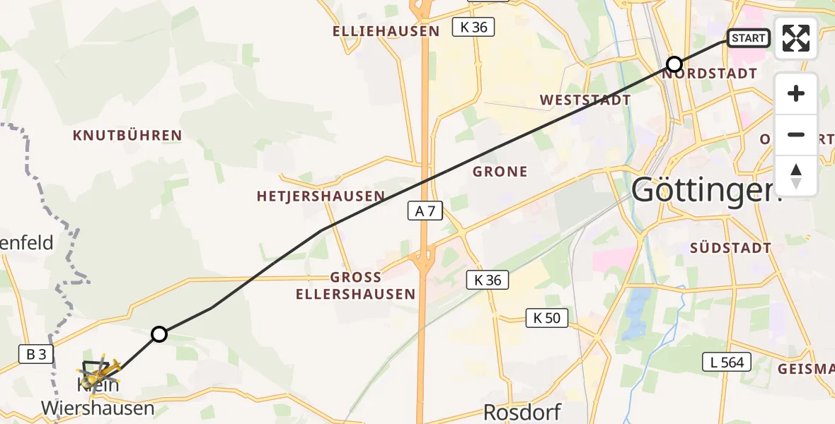 Flugroute Rettungshubschrauber Göttingen University Clinic Hubschrauberlandeplatz - Rosdorf, 08 September 2026, 09:22
