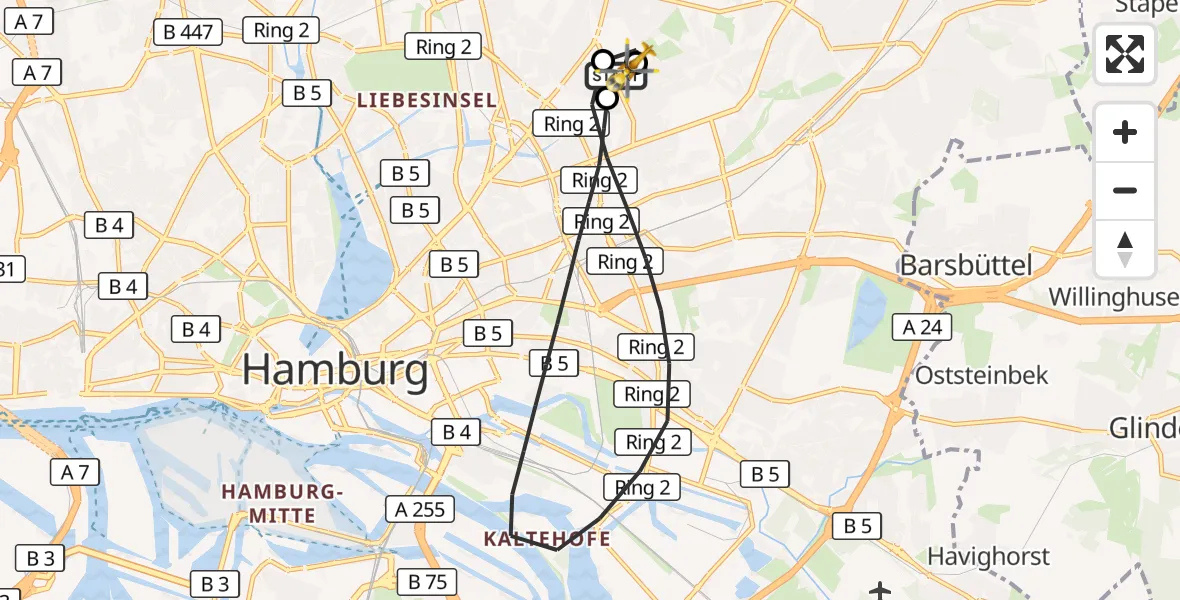 Flugroute Rettungshubschrauber Hamburg Military Hospital - Hamburg Military Hospital, 08 September 2026, 09:24
