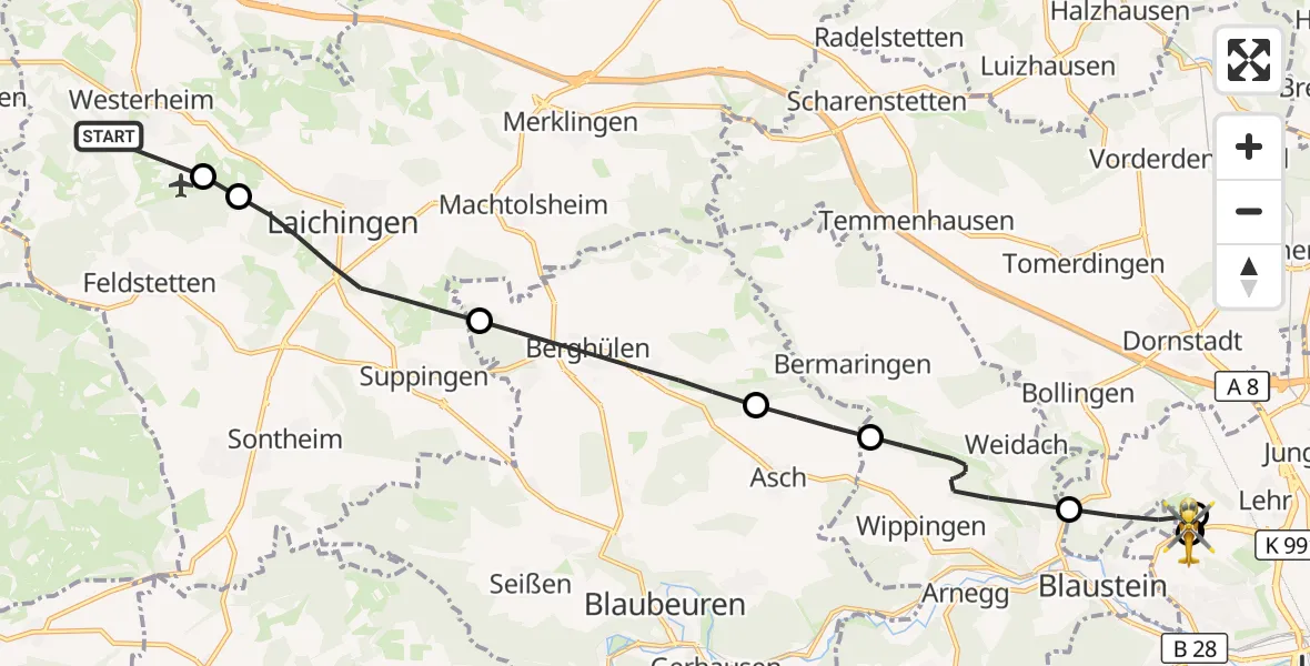 Flugroute Rettungshubschrauber Westerheim - ADAC Air Rescue Station Ulm (Christoph 22), 08 September 2026, 09:26
