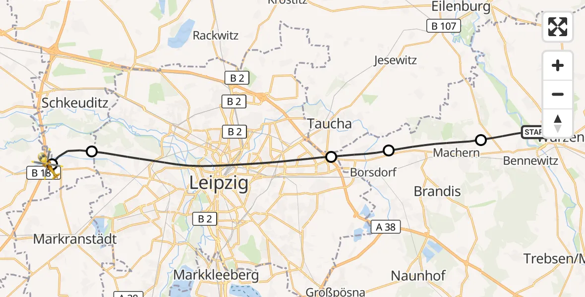 Flugroute Rettungshubschrauber Bennewitz - ADAC Air Rescue Station Leipzig/Schkeuditz-Dölzig Hubschrauberlandeplatz (Christoph 61), 08 September 2026, 09:31