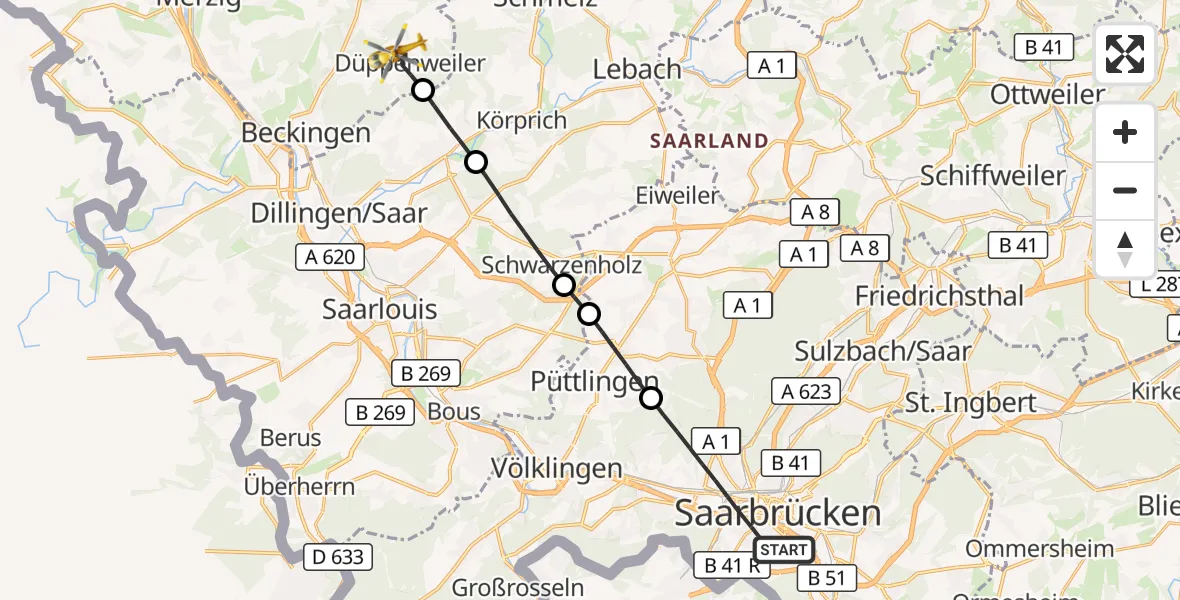 Flugroute Rettungshubschrauber Saarbrücken - Beckingen, 08 September 2026, 10:02
