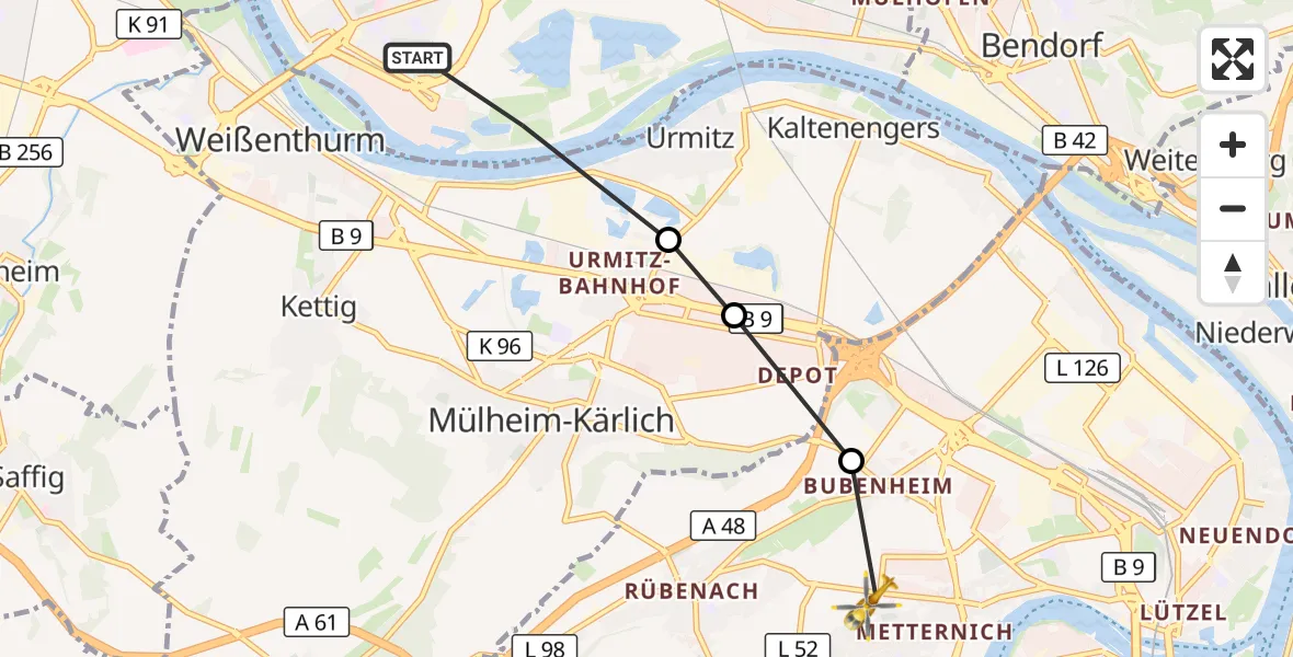 Flugroute Rettungshubschrauber Neuwied - Koblenz, 08 September 2026, 10:05