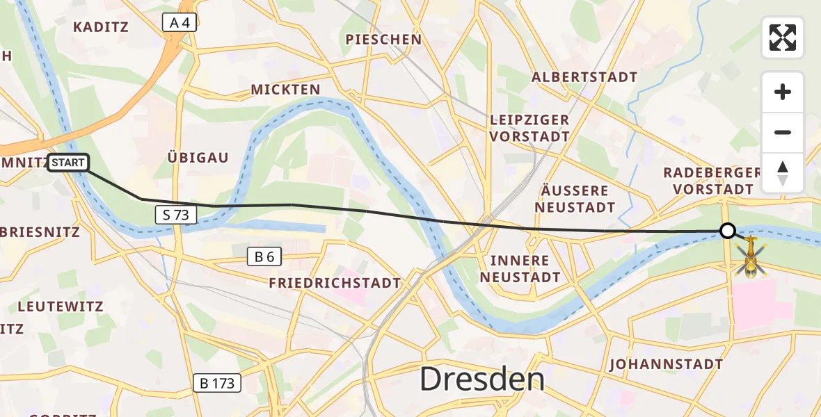 Flugroute Rettungshubschrauber Dresden - Dresden Elbwiesen Hubschrauberlandeplatz, 08 September 2026, 10:06