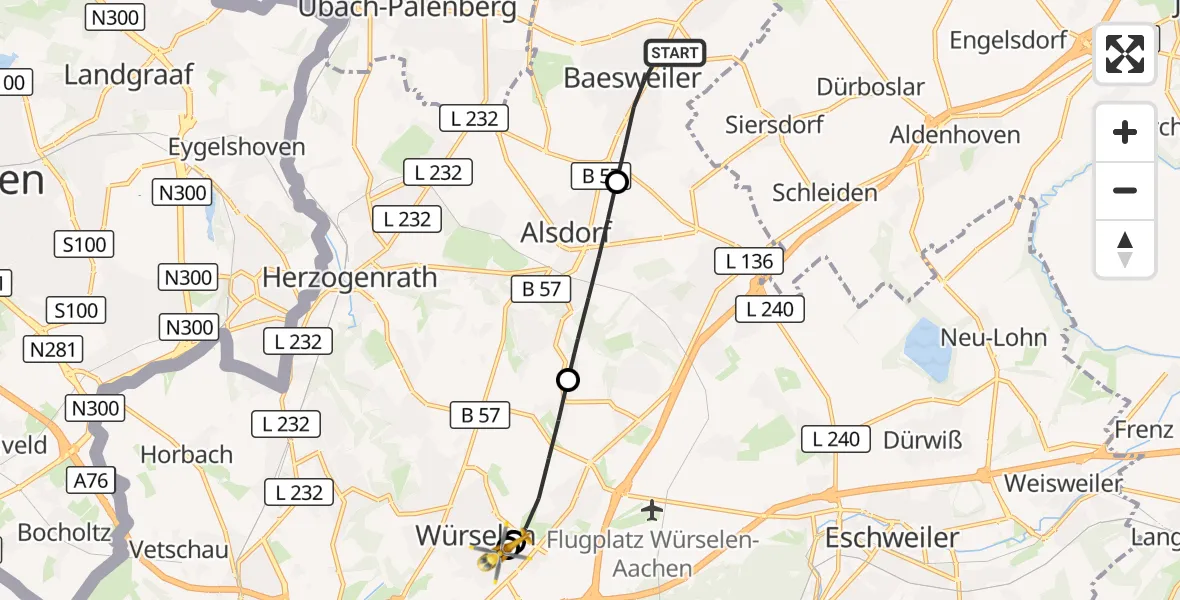 Flugroute Rettungshubschrauber Baesweiler - Rhein-Maas Hospital, 08 September 2026, 10:06