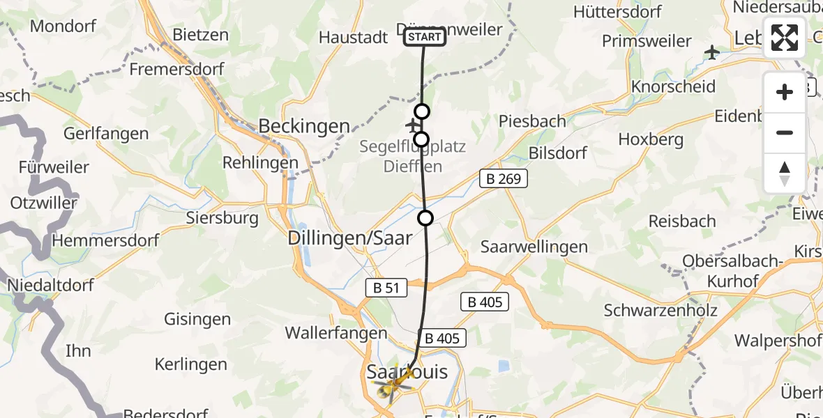 Flugroute Rettungshubschrauber Beckingen - Saarlouis, 08 September 2026, 10:42