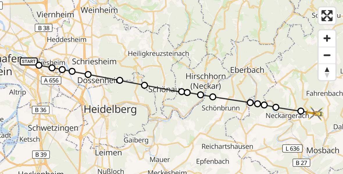 Flugroute Rettungshubschrauber Mannheim-City Flughafen - Mosbach, 08 September 2026, 11:01