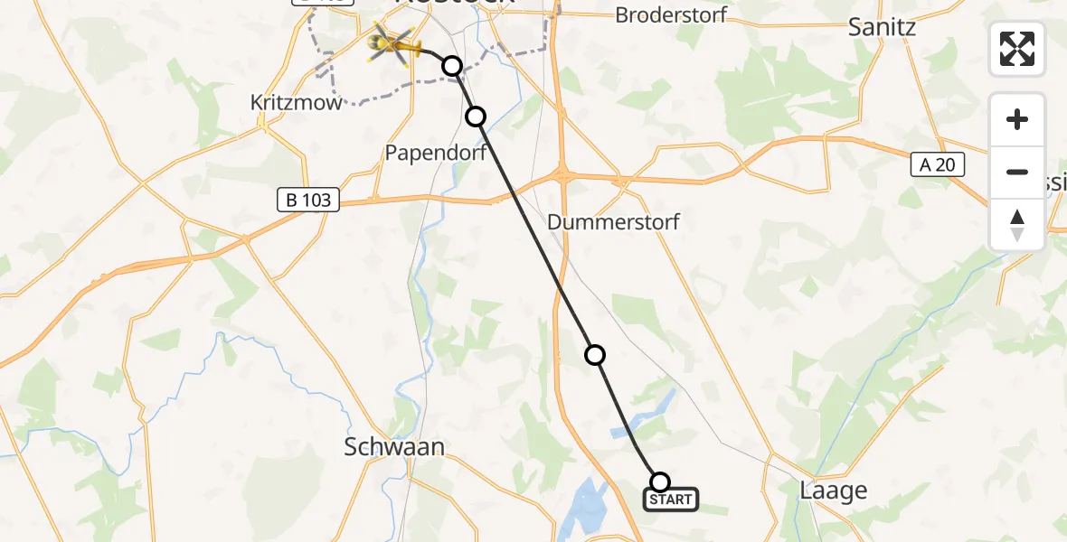 Flugroute Rettungshubschrauber Flughafen Rostock-Laage - Rostock, 08 September 2026, 11:03