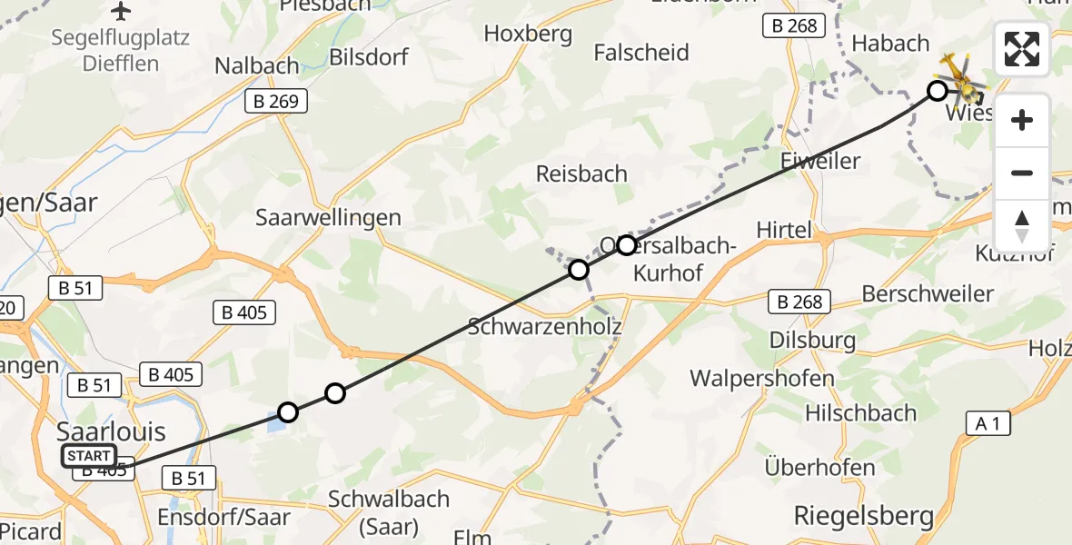 Flugroute Rettungshubschrauber Saarlouis - Eppelborn, 08 September 2026, 11:27