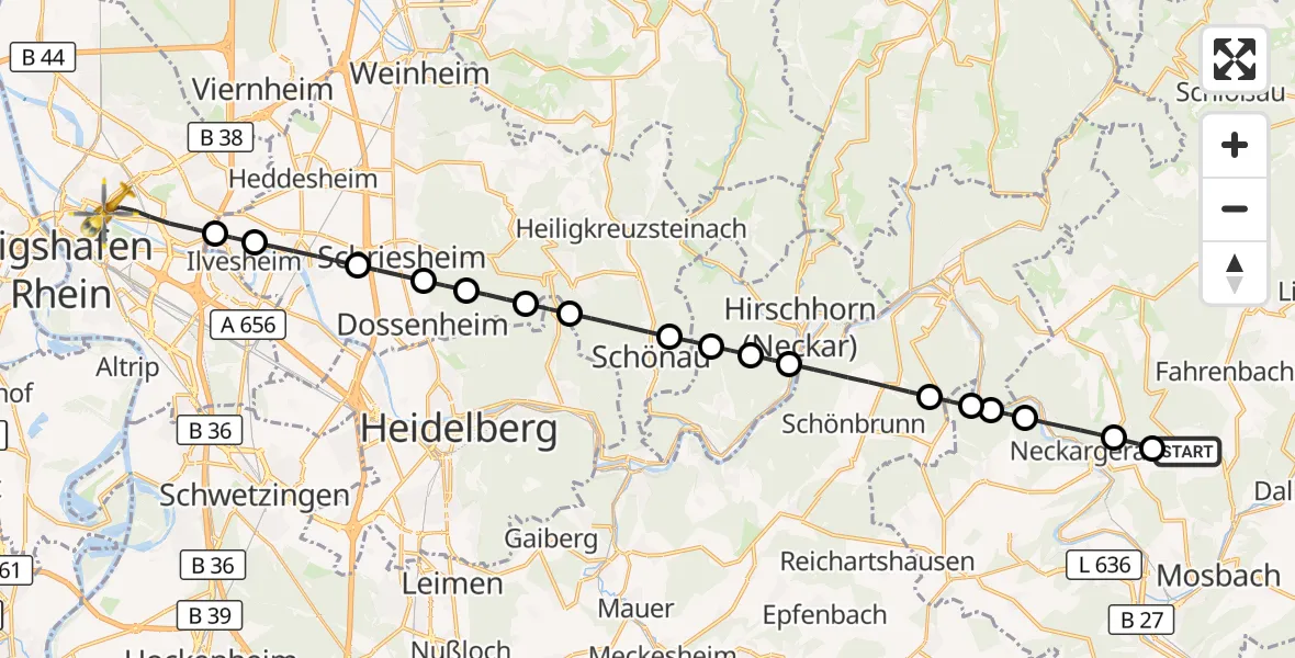 Flugroute Rettungshubschrauber Mosbach-Lohrbach Flugplatz - Mannheim, 08 September 2026, 11:41