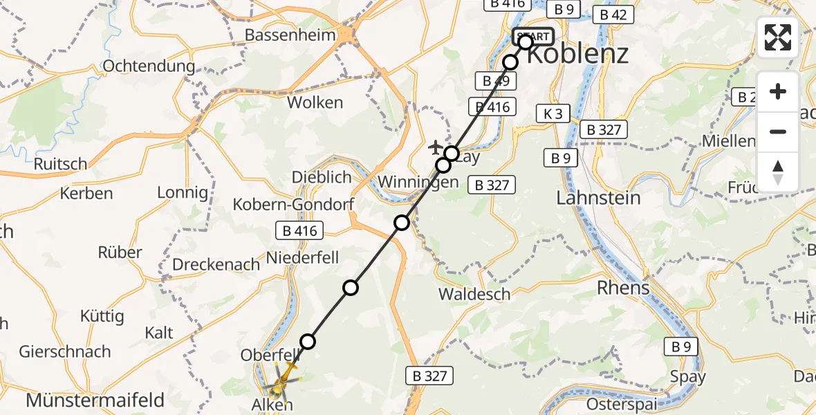 Flugroute Rettungshubschrauber Katholisches Klinikum Marienhof Koblenz Hubschrauberlandeplatz - Oberfell, 08 September 2026, 11:46