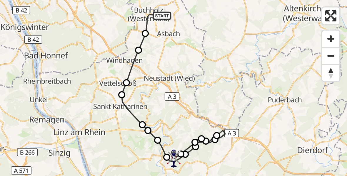 Flugroute Polizeihubschrauber Buchholz (Westerwald) - Niederbreitbach, 08 September 2026, 11:55