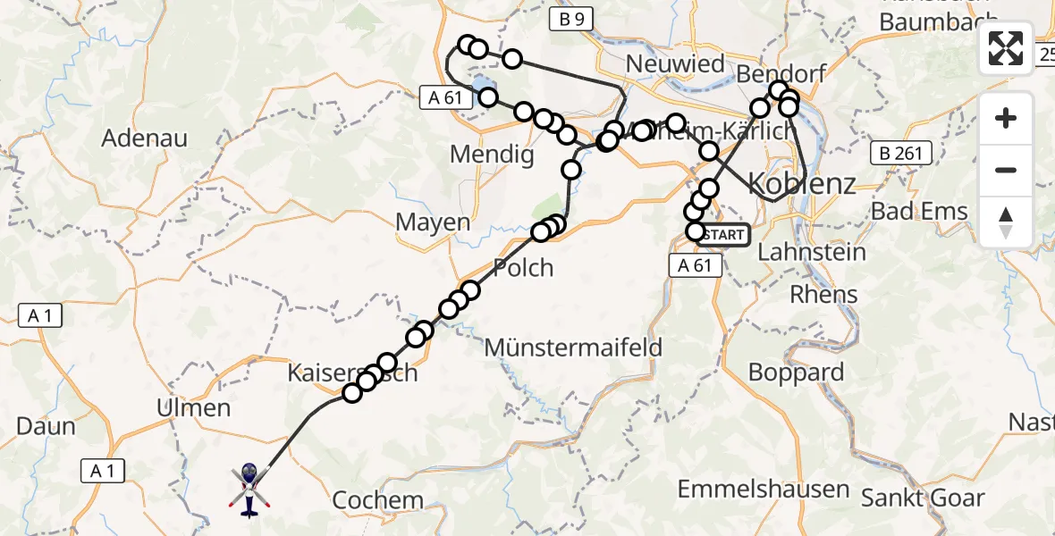 Flugroute Polizeihubschrauber Winningen - Gevenich, 08 September 2026, 12:03