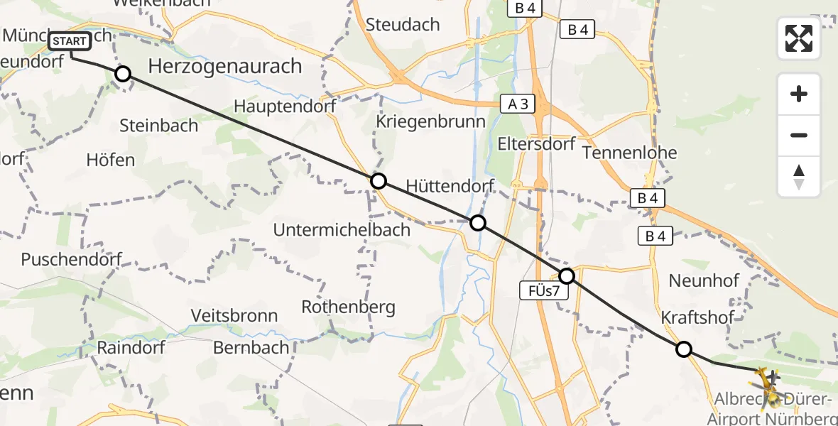Flugroute Ambulanzhubschrauber Aurachtal - Flughafen Nuremberg, 08 September 2026, 12:04