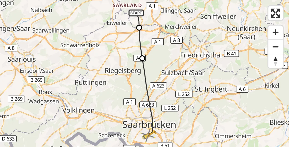Flugroute Rettungshubschrauber Eppelborn - Saarbrücken, 08 September 2026, 12:10