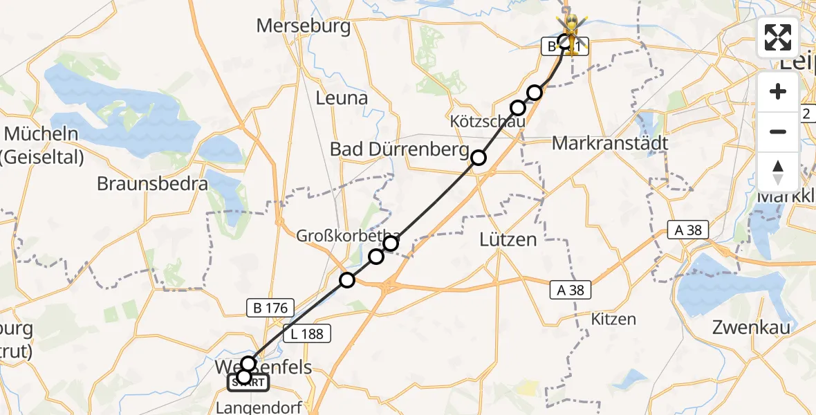 Flugroute Rettungshubschrauber Asklepios Clinic Weißenfels - ADAC Air Rescue Station Leipzig/Schkeuditz-Dölzig Hubschrauberlandeplatz (Christoph 61), 08 September 2026, 12:37