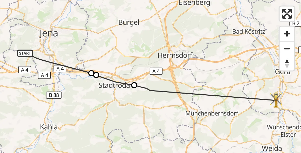 Flugroute Rettungshubschrauber Jena - Gera, 08 September 2026, 12:37