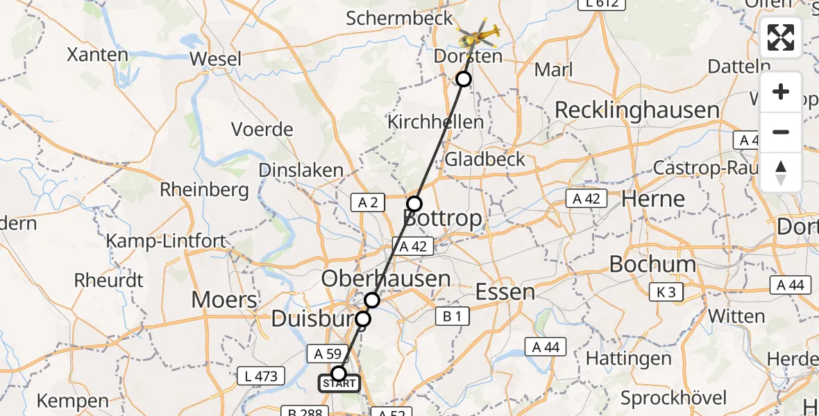 Flugroute Rettungshubschrauber Duisburg Air Rescue Hubschrauberlandeplatz (Christoph 9) - Dorsten, 08 September 2026, 13:01