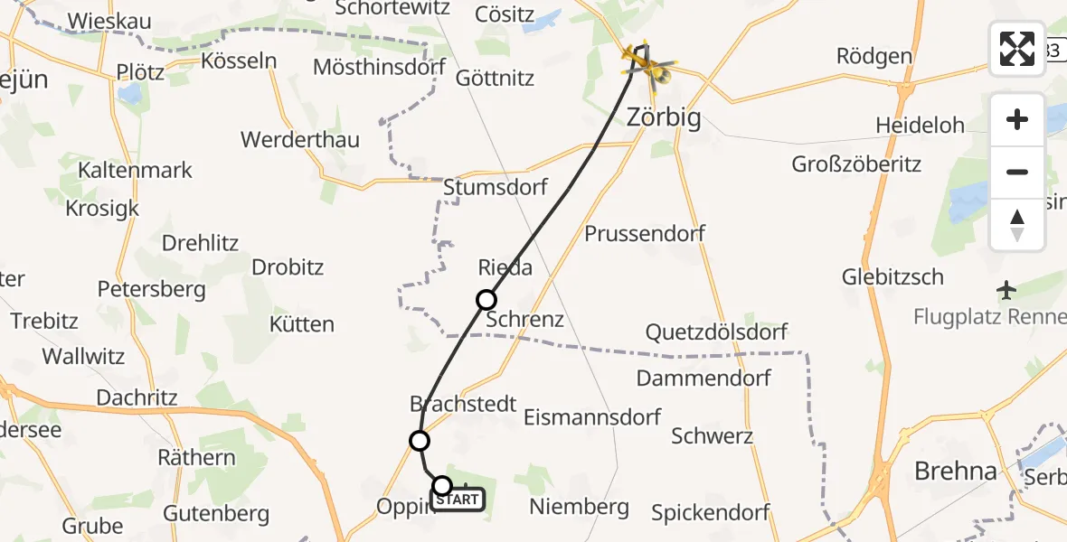 Flugroute Rettungshubschrauber Halle-Oppin Flugplatz - Zörbig, 08 September 2026, 13:17