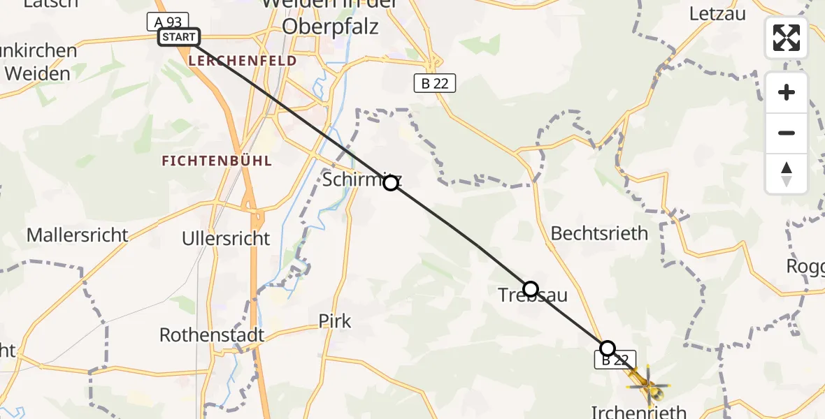 Flugroute Ambulanzhubschrauber Weiden i.d.OPf. - Irchenrieth, 08 September 2026, 13:20