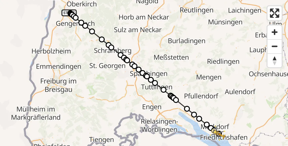 Flugroute Rettungshubschrauber Offenburg - Friedrichshafen Hospital, 08 September 2026, 13:24