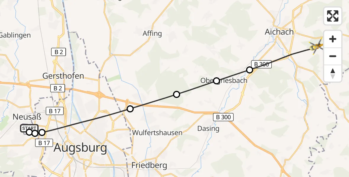 Flugroute Rettungshubschrauber Augsburg University Hospital - Aichach, 08 September 2026, 13:35