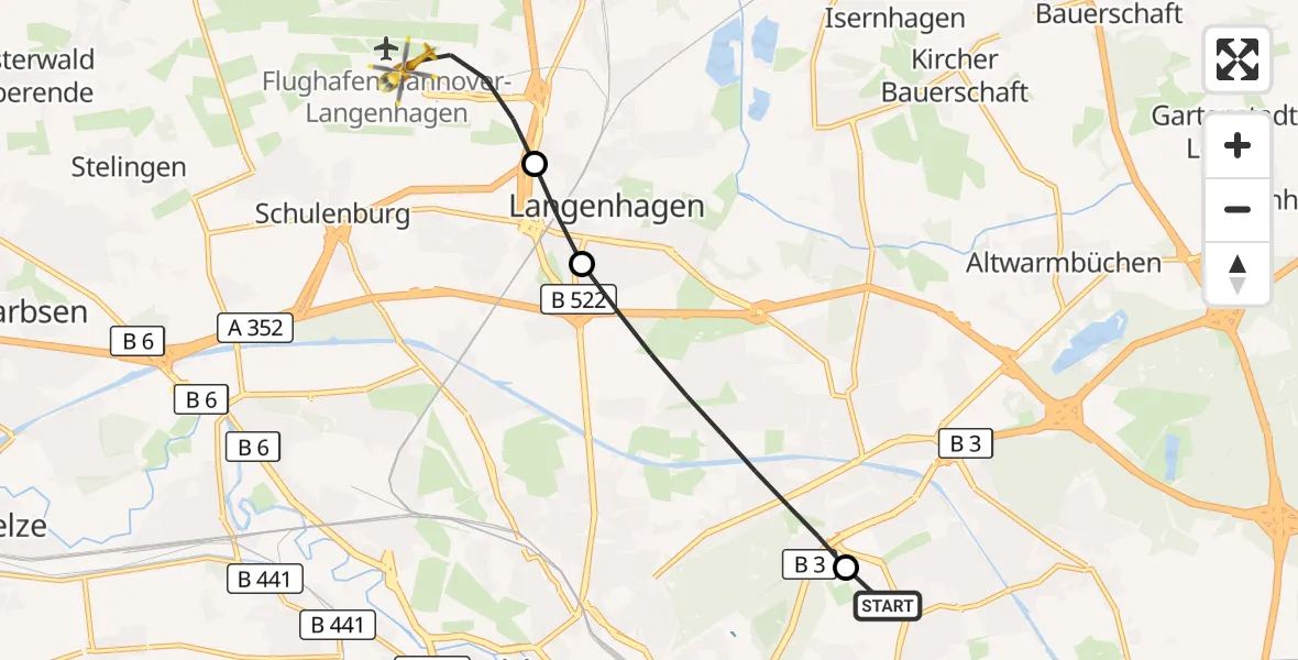 Flugroute Rettungshubschrauber Hannover Luftrettung Hubschrauberlandeplatz (Christoph 4) - Flughafen Hannover, 08 September 2026, 13:43