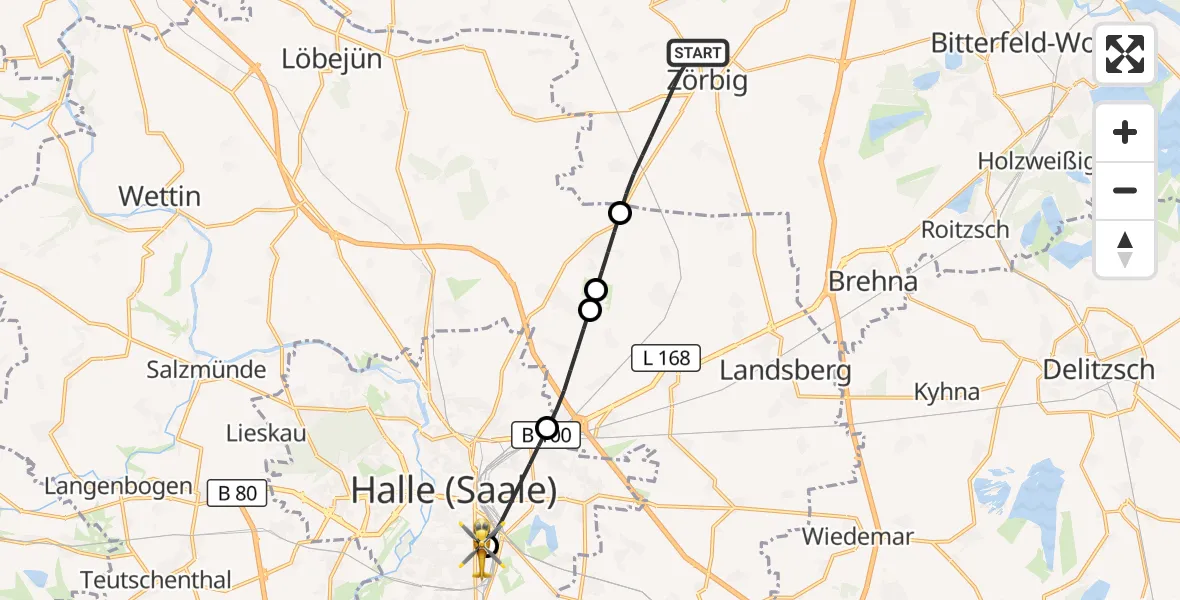 Flugroute Rettungshubschrauber Zörbig - BG Hospital Bergmannstrost Halle, 08 September 2026, 13:46