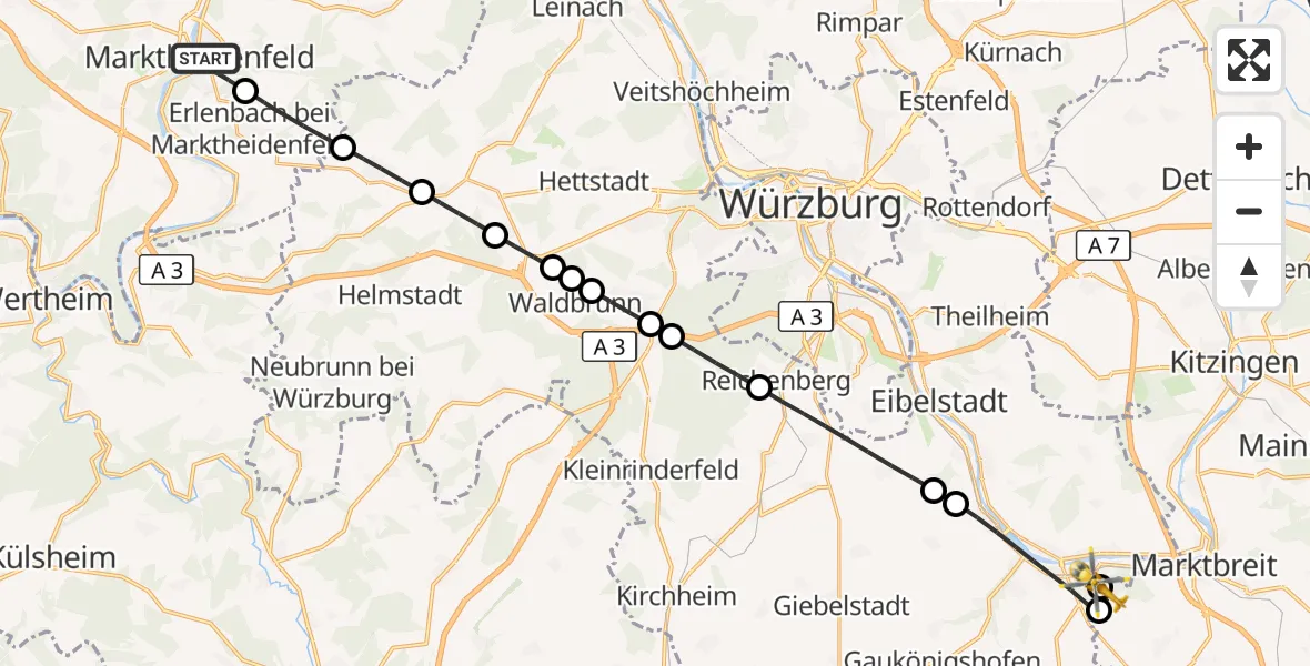 Flugroute Rettungshubschrauber Marktheidenfeld - Ochsenfurt Hospital, 08 September 2026, 14:02