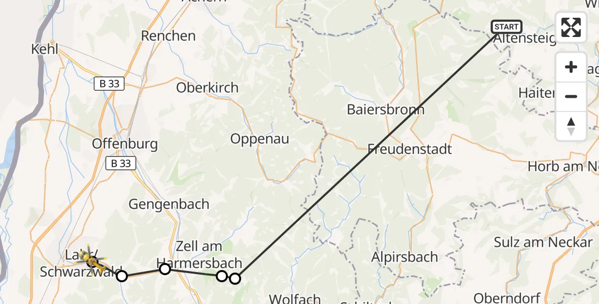 Flugroute Ambulanzhubschrauber Altensteig - Ortenau Hospital Lahr-Ettenheim Hubschrauberlandeplatz, 08 September 2026, 14:03