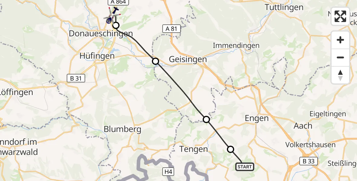 Flugroute Polizeihubschrauber Hilzingen - Donaueschingen-Villingen Flugplatz, 08 September 2026, 14:14