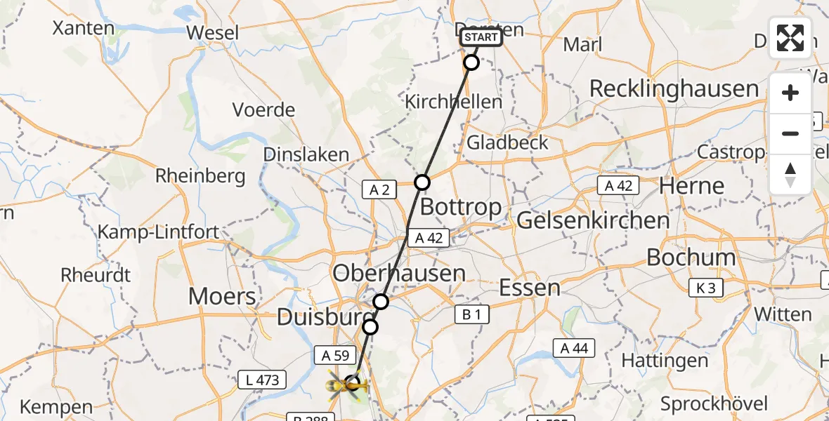 Flugroute Rettungshubschrauber Dorsten - Duisburg Air Rescue Hubschrauberlandeplatz (Christoph 9), 08 September 2026, 14:14