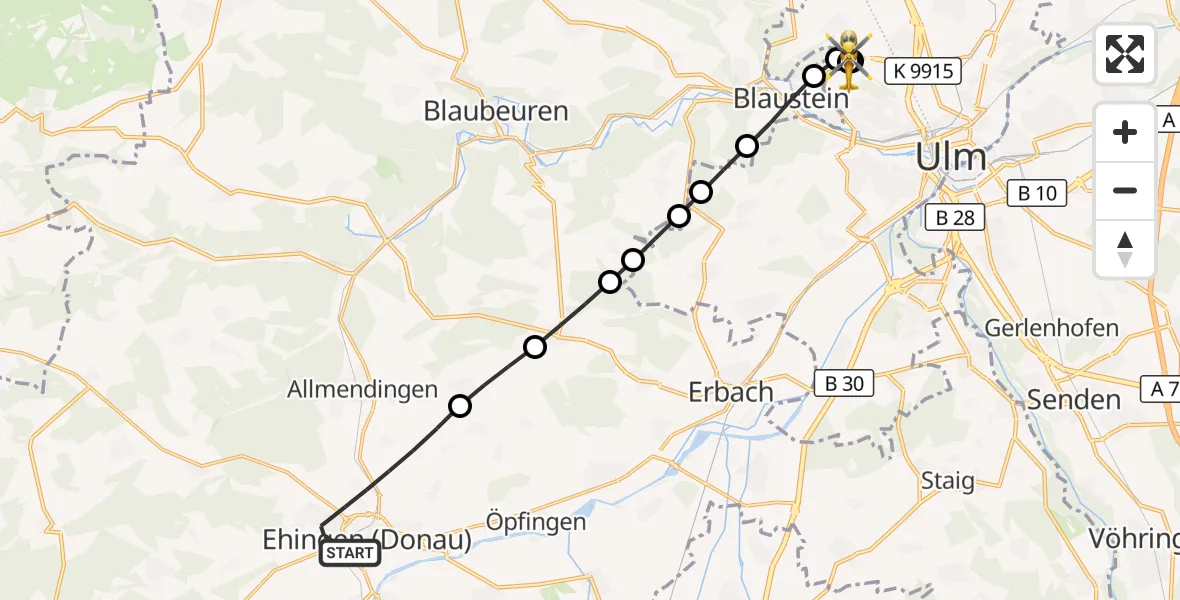 Flugroute Rettungshubschrauber Ehingen (Donau) - ADAC Air Rescue Station Ulm (Christoph 22), 08 September 2026, 14:40