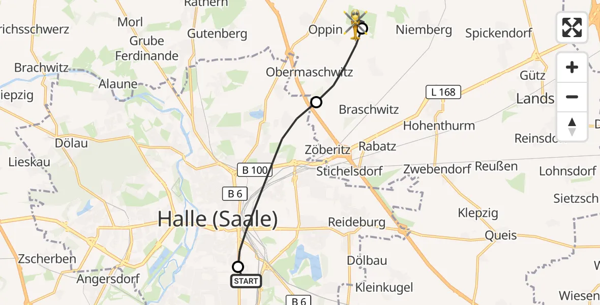 Flugroute Rettungshubschrauber BG Hospital Bergmannstrost Halle - Halle-Oppin Flugplatz, 08 September 2026, 14:42