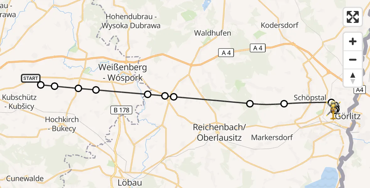 Flugroute Rettungshubschrauber Bautzen Flugplatz - Görlitz Hospital, 08 September 2026, 15:01