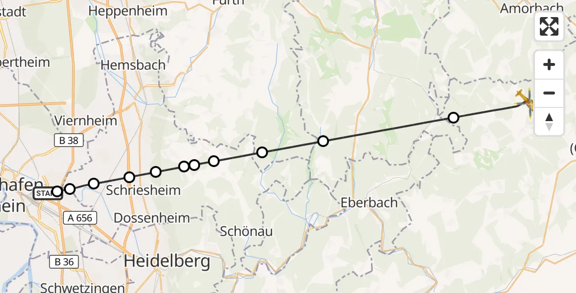 Flugroute Rettungshubschrauber Mannheim-City Flughafen - Mudau, 08 September 2026, 15:01