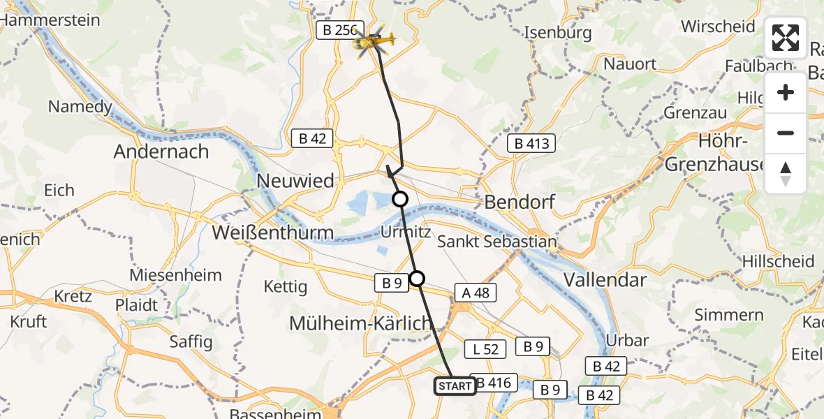 Flugroute Rettungshubschrauber Koblenz - Neuwied, 08 September 2026, 15:06
